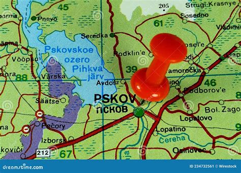 closeup shot   world map   red pushpin pointing  city  pskov  russia stock image