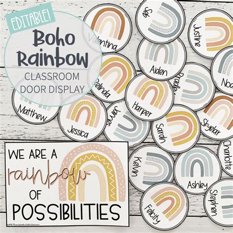 Modern Boho Rainbow Calm Classroom Decor Bundle Neutral Rainbow Editable