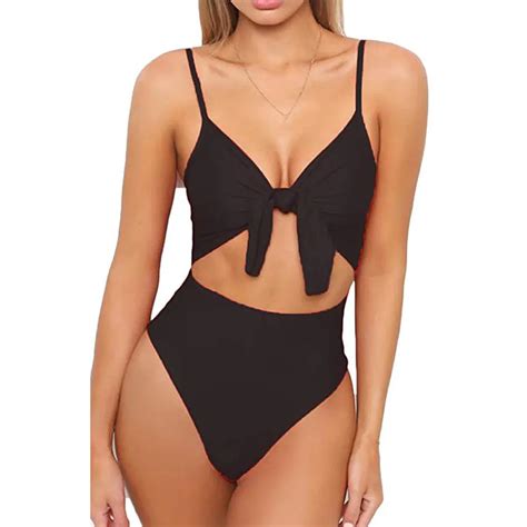 Swimwear Women Swim Suits Spaghetti Strap Tie Knot Front Cutout High