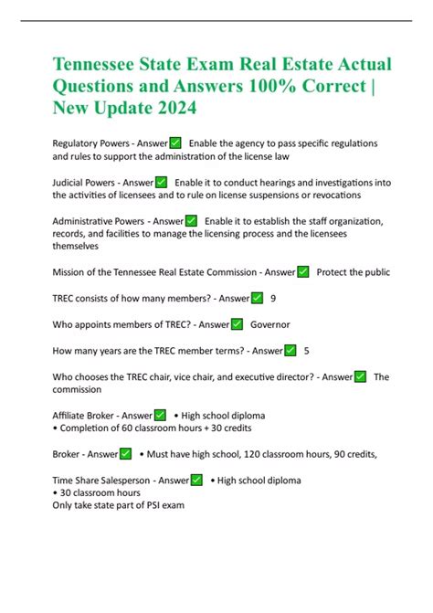 Tennessee State Exam Real Estate Actual Questions and Answers 100%