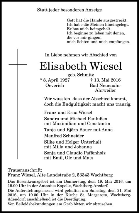 Traueranzeigen Von Elisabeth Wiesel Ga Trauer De