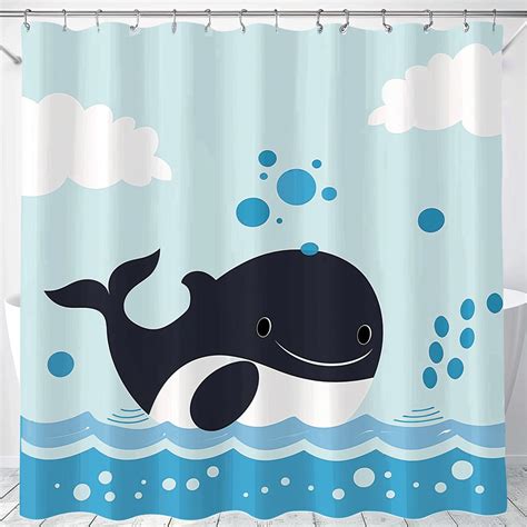 Whimsical Cartoon Whale Shower Curtain Sea Theme Bathroom Decor Clouds