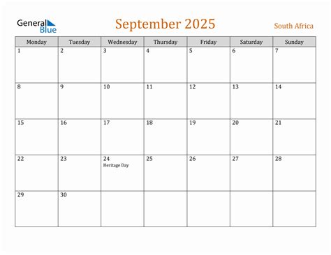 Free September 2025 South Africa Calendar