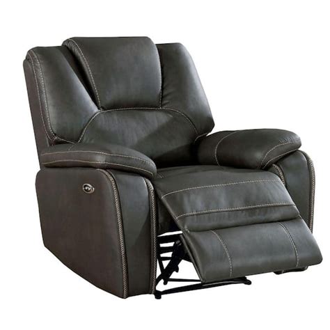 Benjara Gray Leather Power Recliner With Pillow Top Arms Bm The