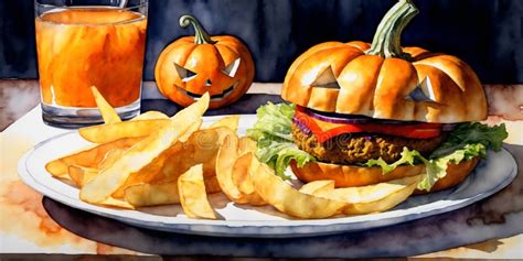 Halloween Party Burger in Shape of Scary Pumpkin Head with Fries Stock ...