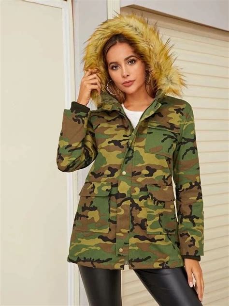 Contrast Faux Fur Camo Hooded Parka Coat Hooded Parka Parka Coat Parka