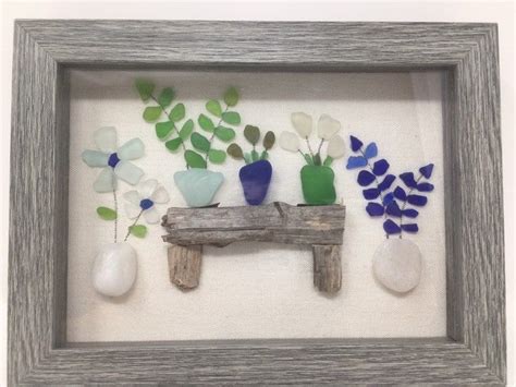 Framed Sea Glass Art Flowers In Pots Etsy Sea Glass Crafts Sea Glass Art Diy Sea Glass Art