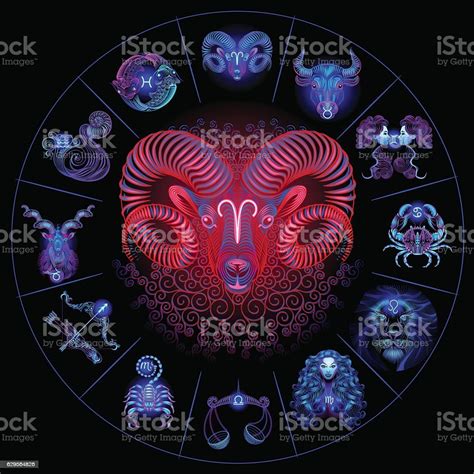 Neon Horoscope Circle With Signs Of Zodiac Set Astrology Signs Aries Stock Illustration