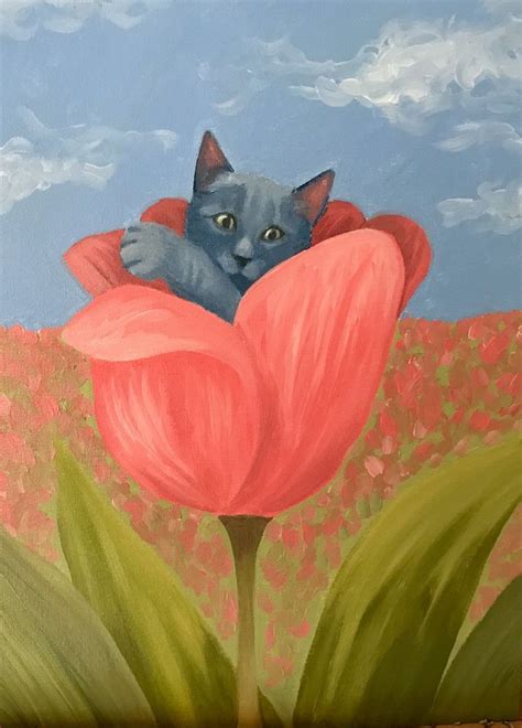 Flower Cat Acrylic Painting Animal Art Tulip Art Cat Art Print