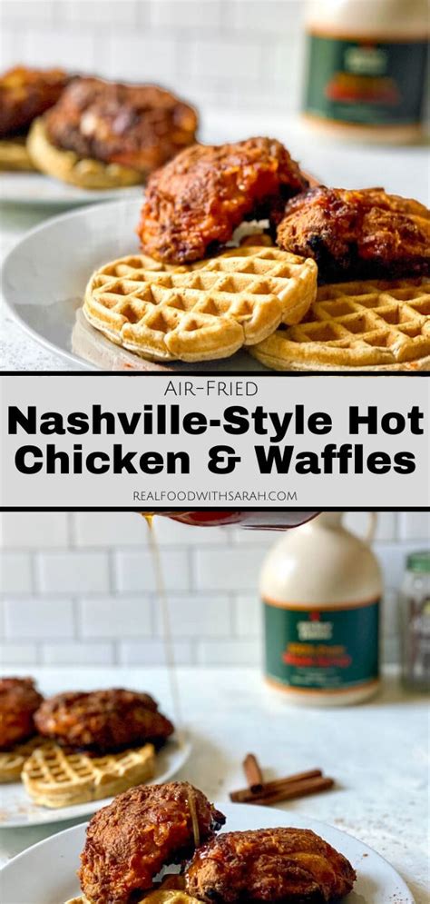 Chicken And Waffles Are Served On White Plates With The Words Nashville Style Hot Chicken And