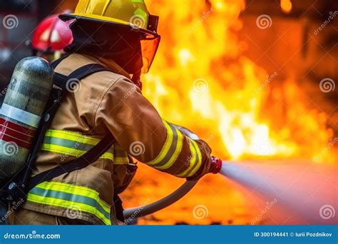 The Heroic Action Of A Firefighter In Extinguishing A Fire Stock Image