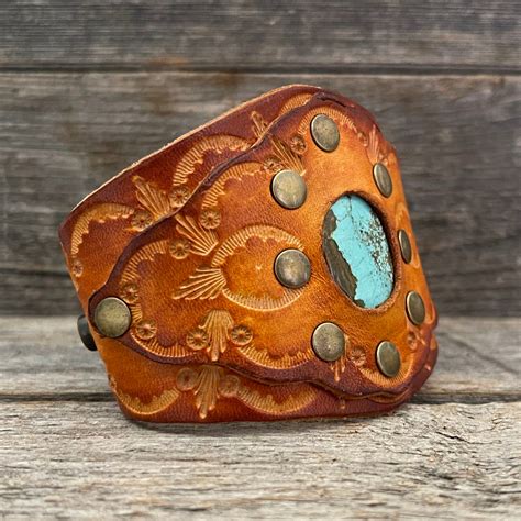 Genuine Hand Tooled Genuine Leather Bracelet With Royston Turquoise