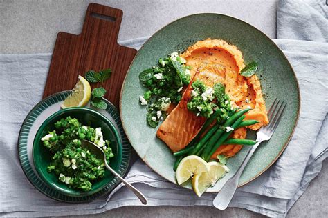 Salmon With Sweet Potato Mash And Minted Pea Gremolata Recipe