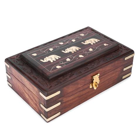 Ajuny Handmade Indian Wooden Jewelry Box With Elephant Carving Brass