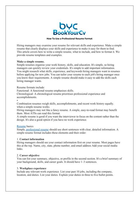 How To Use A Professional Resume Format By Book Your Cv Issuu