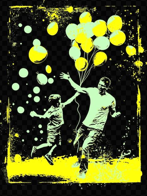 Premium PSD A Painting Of A Father And Son Flying Balloons