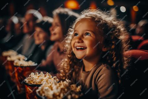 Niños Felices Comiendo Palomitas De Maíz Y Viendo Una Película O