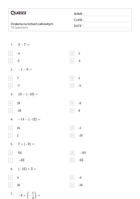 Ponad Operacje Na Liczbach Ca Kowitych Arkuszy W Quizizz Darmowe I