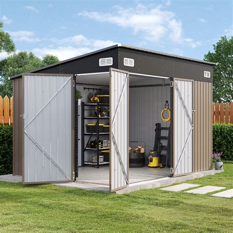 Sunmthink 10' x 8' Metal Storage Shed with Triple Doors, Lockable Lean
