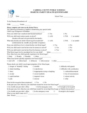 Fillable Online Diabetic Parent Health Questionaire Fax Email Print