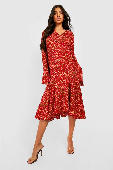 Maternity Floral Wrap Midi Dress Boohoo Uk