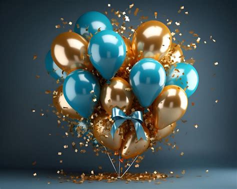 D Render Of Blue And Golden Balloons With Ribbons On Grey Background