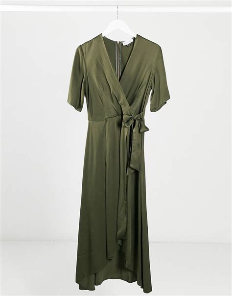 Closet London Closet Satin Pleated Midi Wrap Dress In Khaki Green