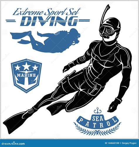 Set Of Scuba Diver Silhouette And Diving Labels Stock Vector