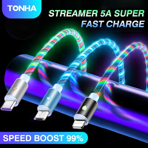 TONHA 5A Fast Charging Cable LED Luminous Glow Flowing USB Cable