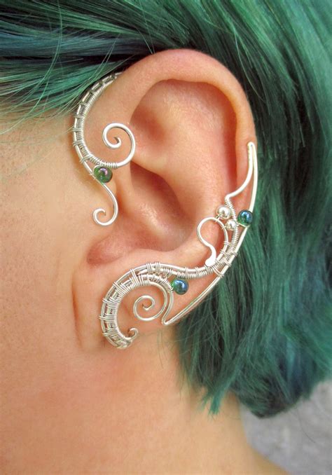 Ear Wraps Nemetres Silver Ear Cuffs With Green Beads Single Etsy De