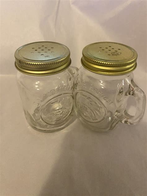 Vintage Glass Golden Harvest Mason Jar Handled Salt And Pepper Shakers