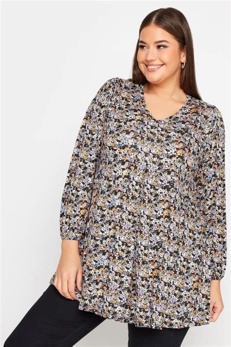 Yours Plus Size Black Floral Print Long Sleeve Swing Top Yours Clothing