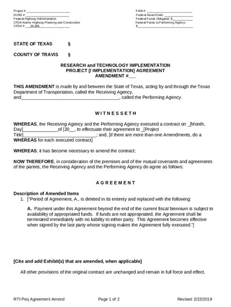 Project Agreement Amendment Research S Ftp Txdot Doc Template