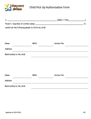 Child Pick Up Form - Fill and Sign Printable Template Online