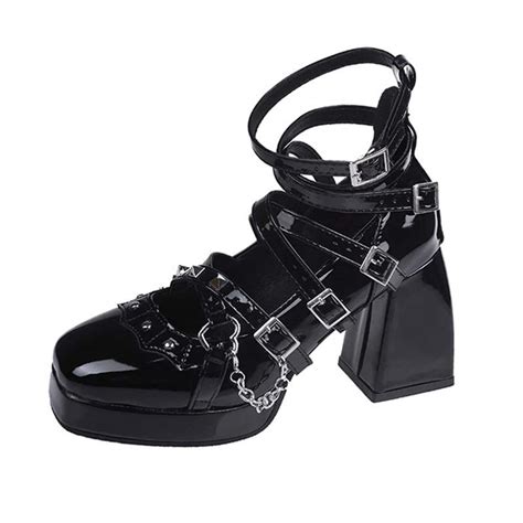 Lib Round Toe Ankle Buckle Straps Punk Gothic Mary Janes Chunky Heels