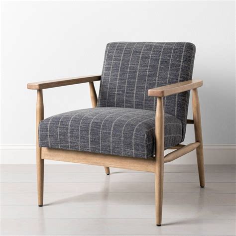 Upholstered Natural Wood Accent Chair Wide Stripe Dark Gray Hearth