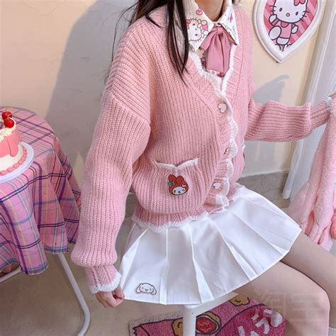 Kawaii Aesthetic Sanriocore My Melody Ruffle Heart Button Cardigan