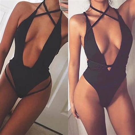 2018 Hot Sale Black Sexy Deep V Neck Bandage Backless Bodysuits