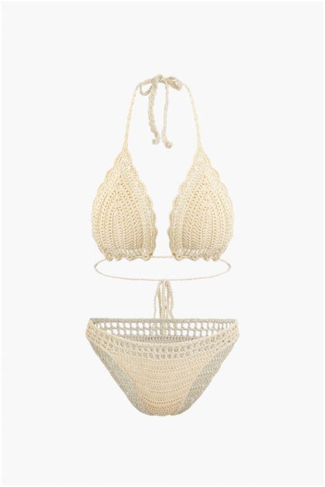 Crochet Halter Neck Bikini Set And Asymmetric Tassel Cover Up Set Micas