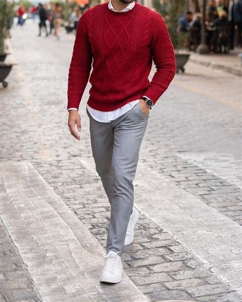 Dark red sweater and grey trousers | Sweater outfits men, Red shirt ...