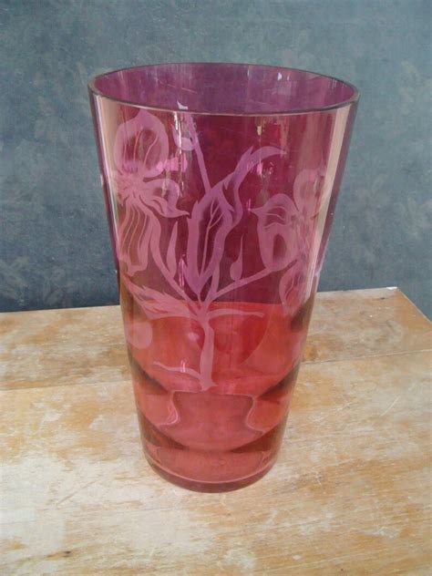 Large Vintage Cranberry Etched Art Glass Vase Sand Carved Etch Etsy