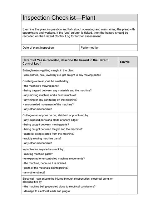 Plant Inspection Checklist Template Inspection Checklist Checklist