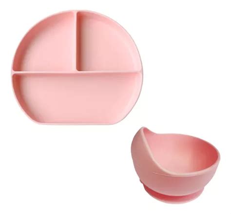 Kit Introdu O Alimentar Bowl E Prato Ventosa Silicone Cor Rosa