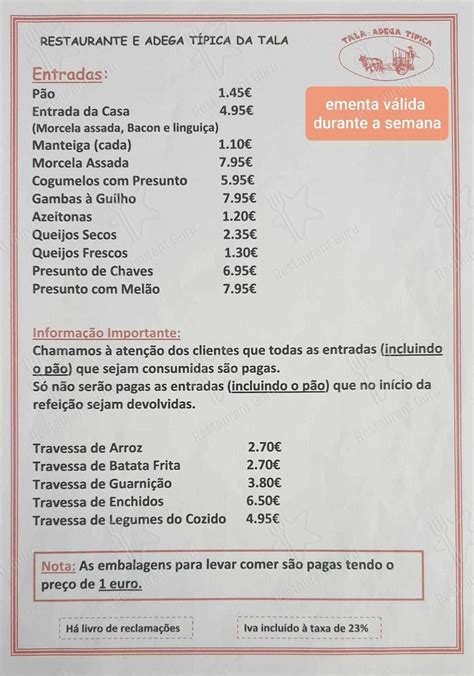 Menu Em Adega T Pica Da Tala Restaurante Sintra