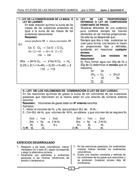 Ficha 12 Leyes De Las Reacciones Y Estequimetia Copia Ficha 12