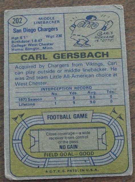 Carl Gersbach Chargers 1973 202 Topps Football Card Gd Cond