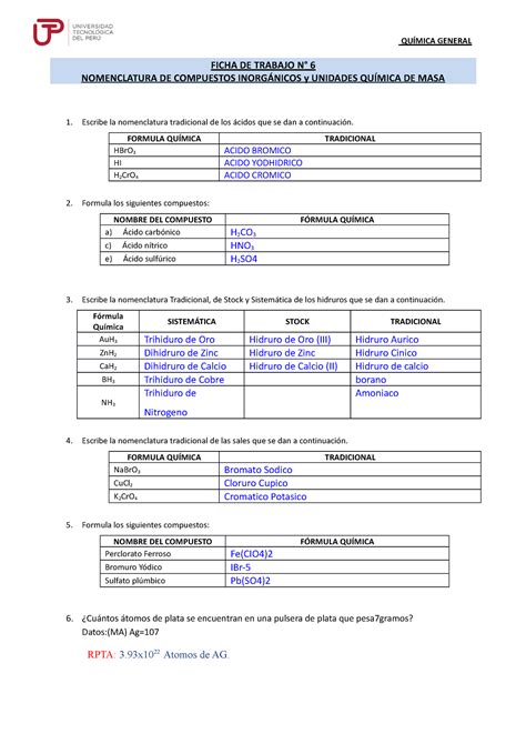 Ficha de Trabajo 6 Nomenclatura de Comp Inorgánicos QUÍMICA GENERAL