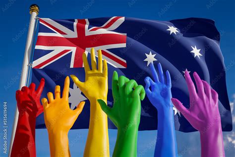 Rainbow Colored Hands From Lgbt Community Over Flag Of Australia Australian Gay Parade Concept
