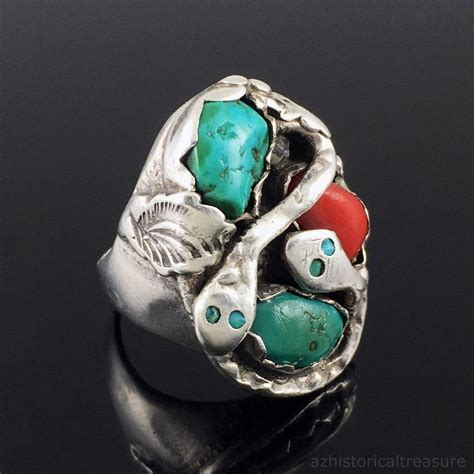 Zuni Handmade Sterling Silver Turquoise And Coral Snakes Ring By Dan