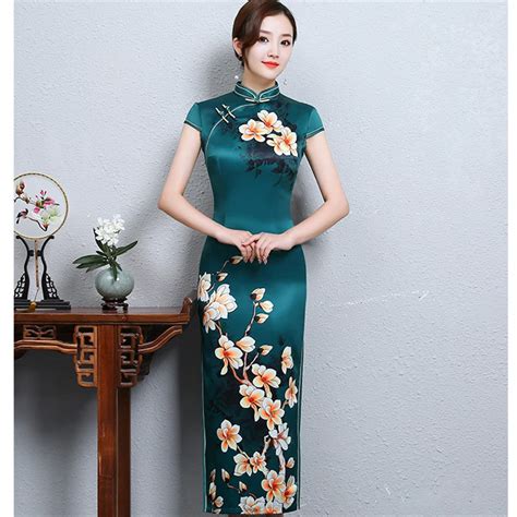 Feminino Cheongsam Flor Impresso Oriental Estilo Manga Curta Elegante